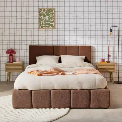 Tweepersoonsbed 140x190cm met opbergbox lattenbodem en hoofdbord in getextureerde bouclé