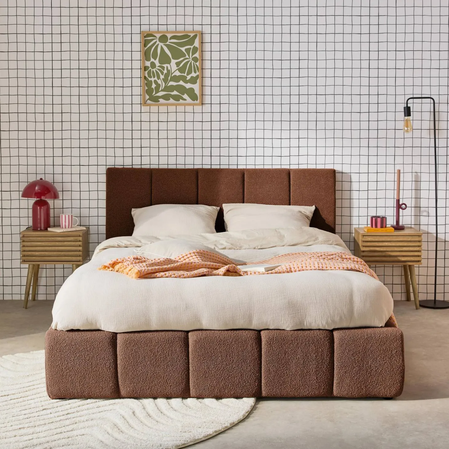Tweepersoonsbed 140x190cm met opbergbox lattenbodem en hoofdbord in getextureerde bouclé