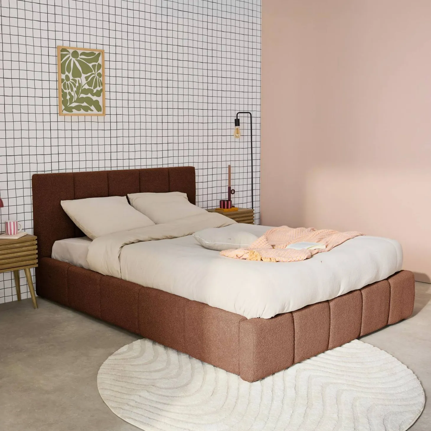 Tweepersoonsbed 140x190cm met opbergbox lattenbodem en hoofdbord in getextureerde bouclé