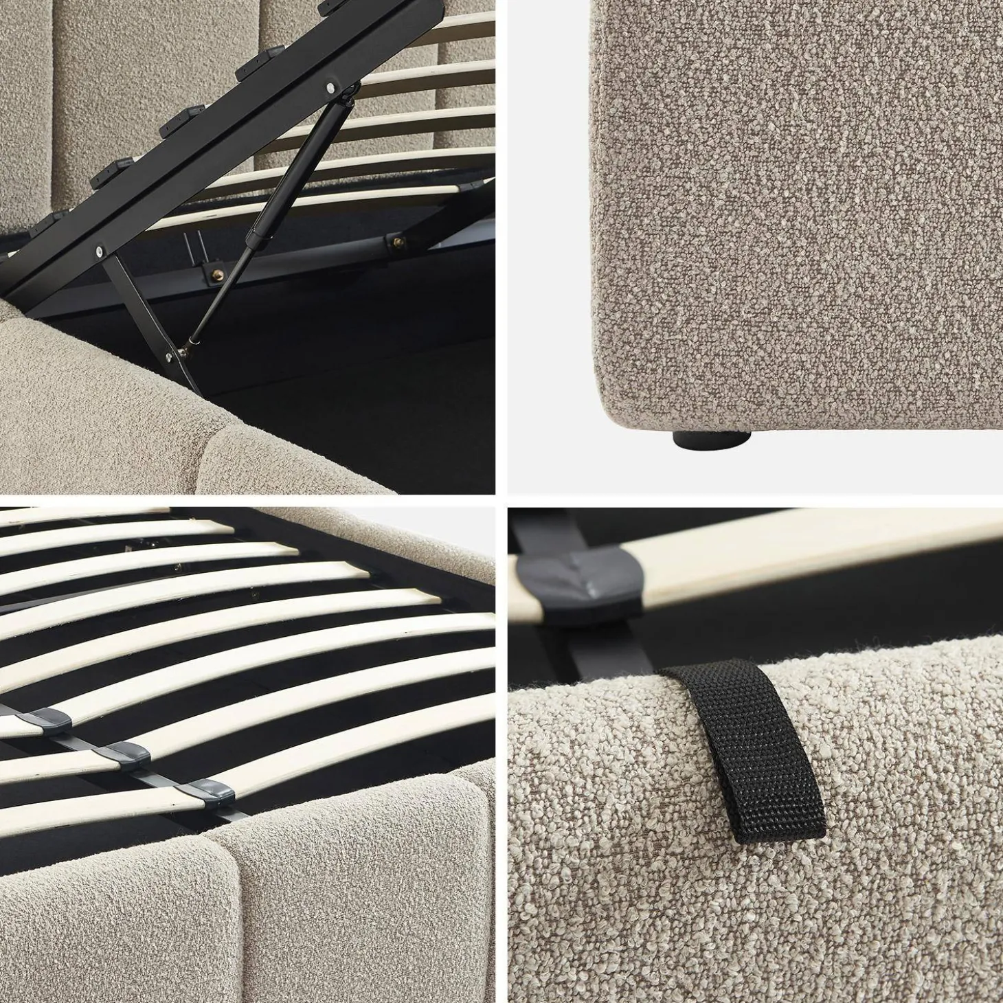 Tweepersoonsbed 160x200cm met opbergbox lattenbodem en hoofdbord in getextureerde bouclé