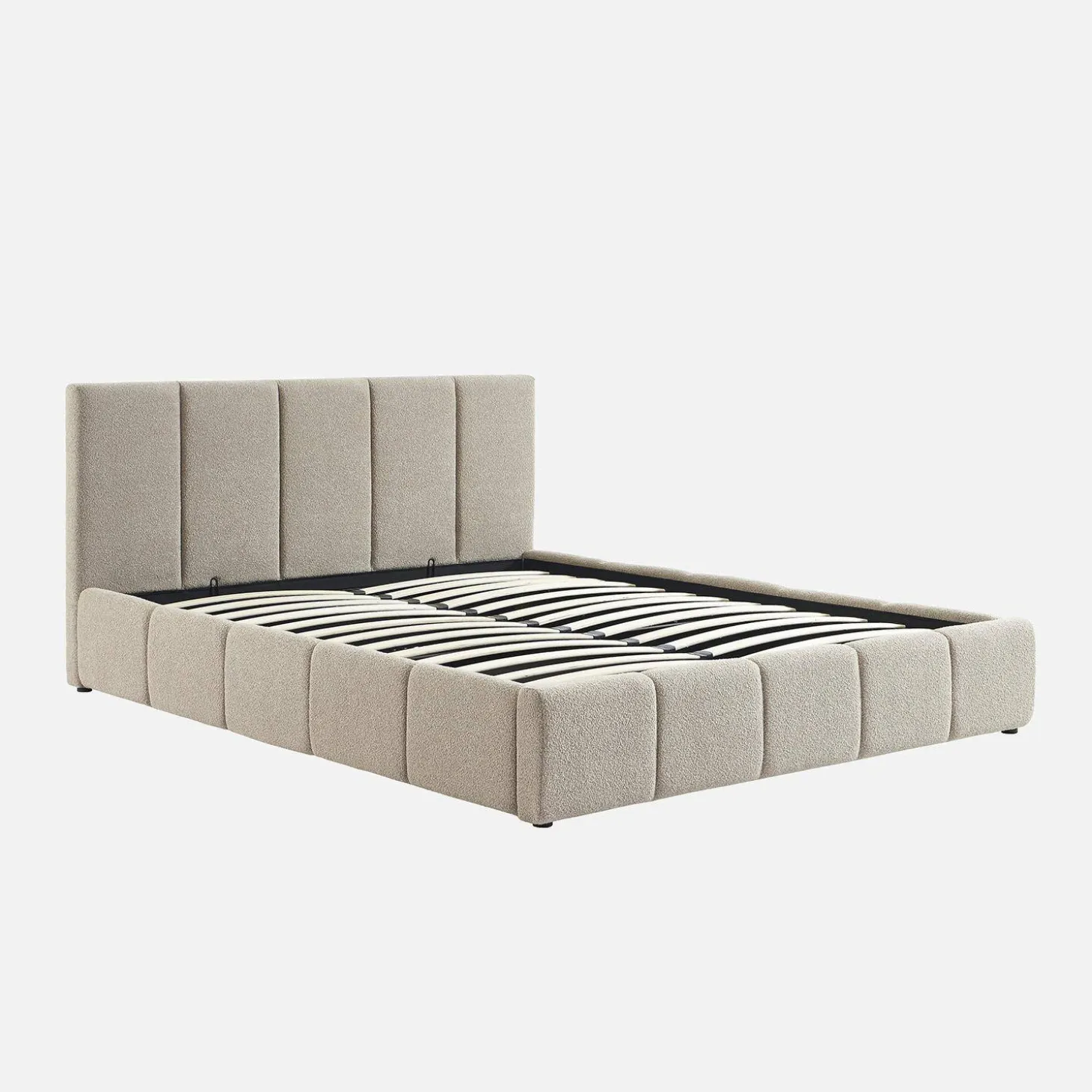 Tweepersoonsbed 160x200cm met opbergbox lattenbodem en hoofdbord in getextureerde bouclé