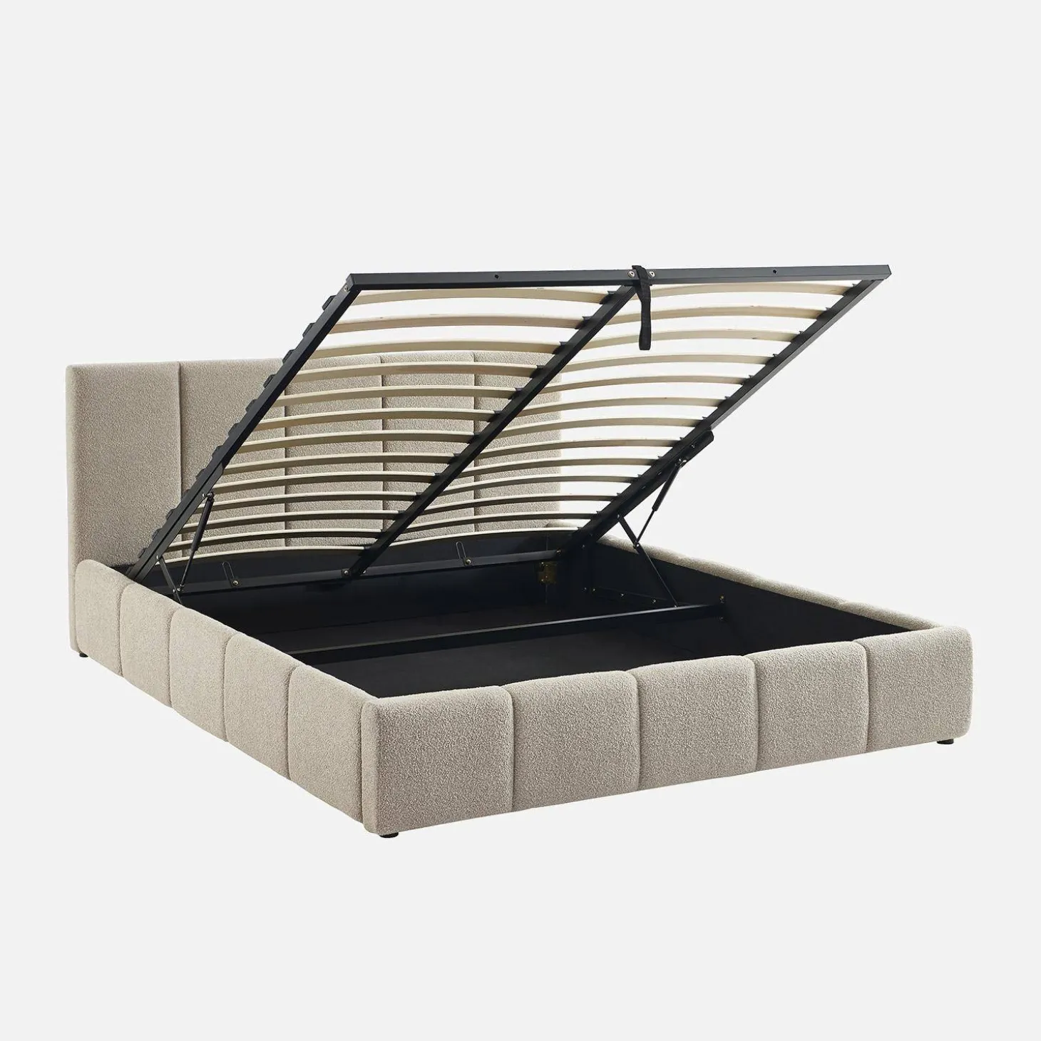 Tweepersoonsbed 160x200cm met opbergbox lattenbodem en hoofdbord in getextureerde bouclé