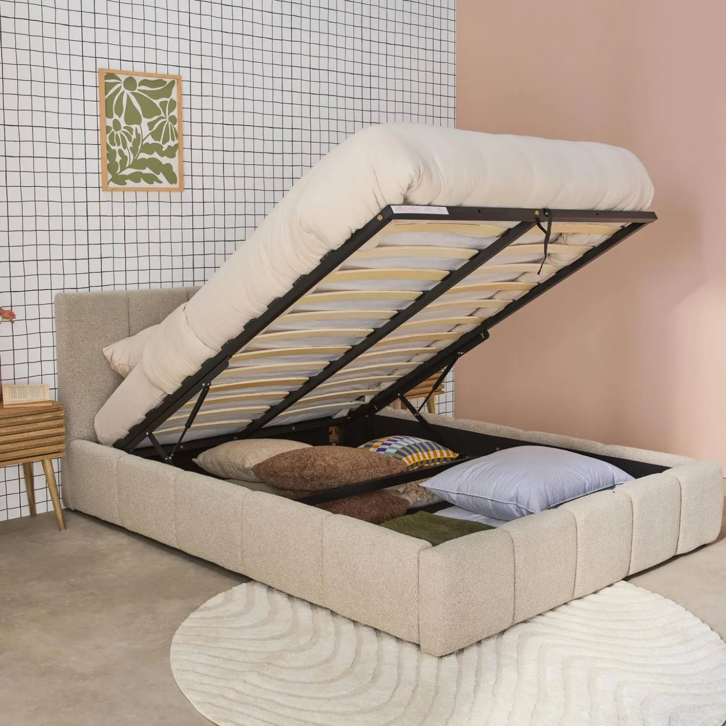 Tweepersoonsbed 160x200cm met opbergbox lattenbodem en hoofdbord in getextureerde bouclé
