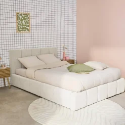 Tweepersoonsbed 140x190cm met opbergbox lattenbodem en hoofdbord in getextureerde bouclé