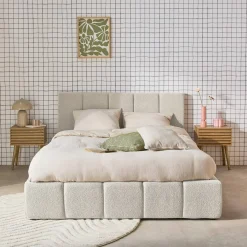 Tweepersoonsbed 140x190cm met opbergbox lattenbodem en hoofdbord in getextureerde bouclé