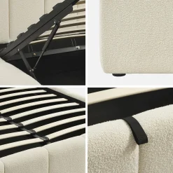 Tweepersoonsbed 140x190cm met opbergbox lattenbodem en hoofdbord in getextureerde bouclé