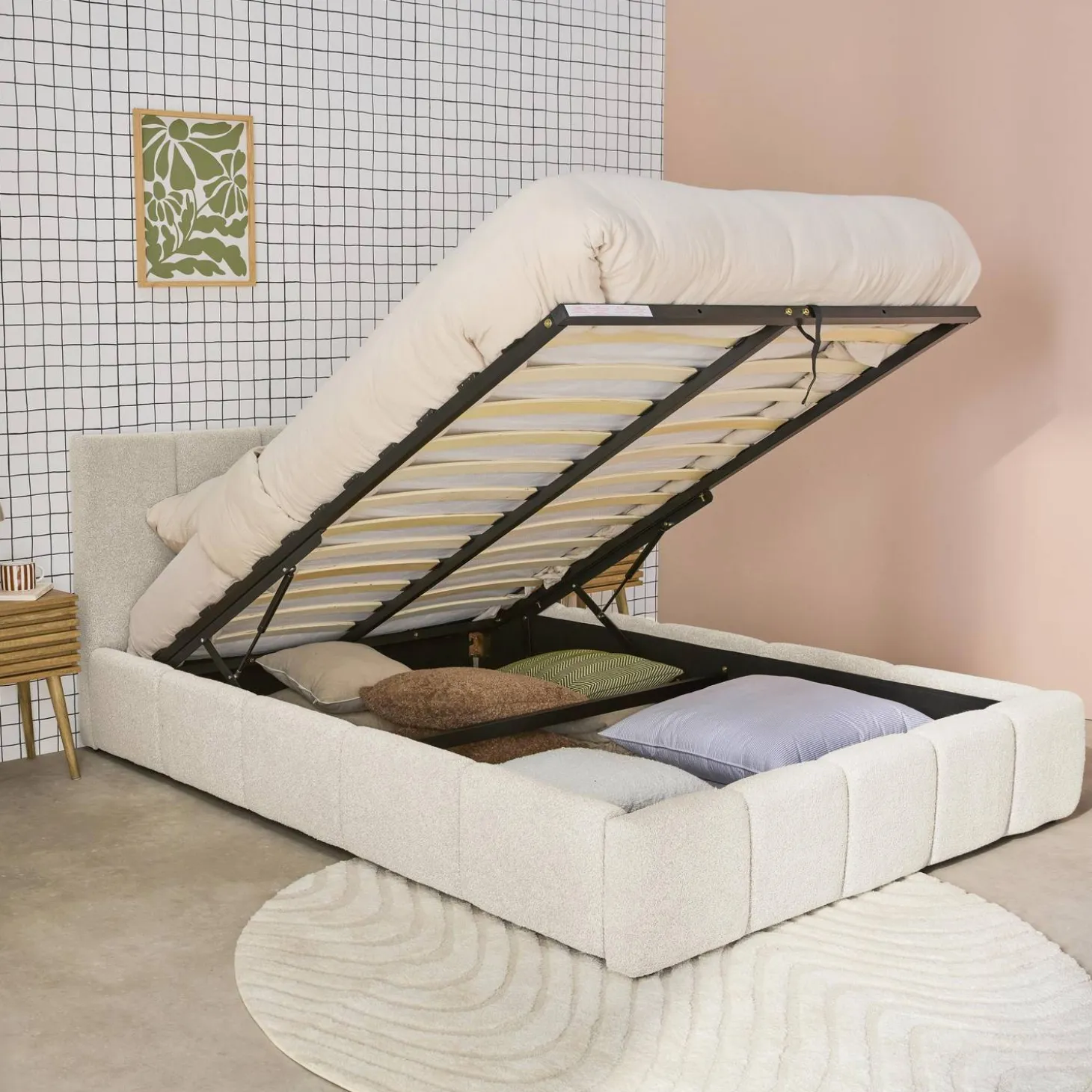 Tweepersoonsbed 140x190cm met opbergbox lattenbodem en hoofdbord in getextureerde bouclé