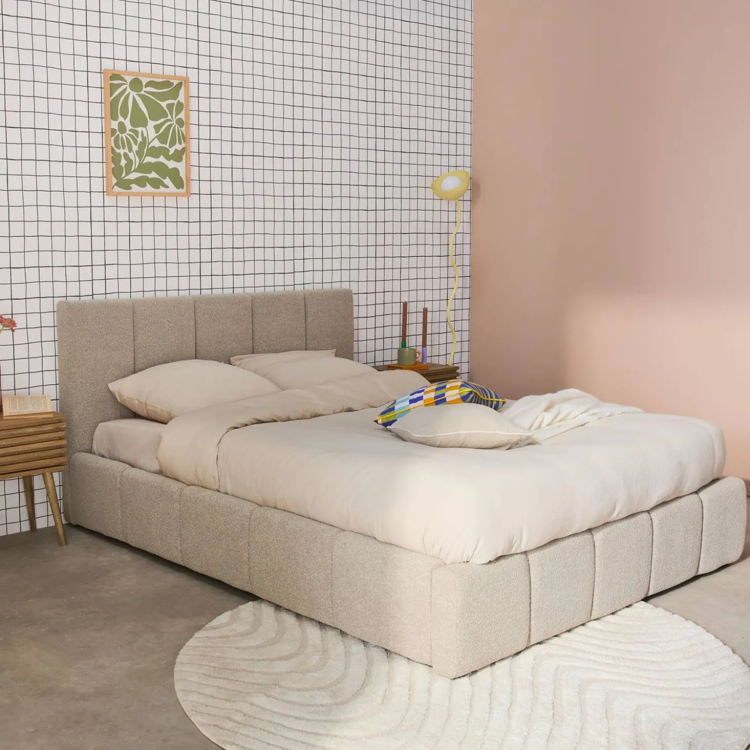 Tweepersoonsbed 140x190cm met opbergbox lattenbodem en hoofdbord in getextureerde bouclé