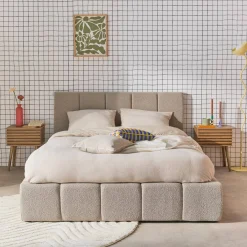 Tweepersoonsbed 140x190cm met opbergbox lattenbodem en hoofdbord in getextureerde bouclé
