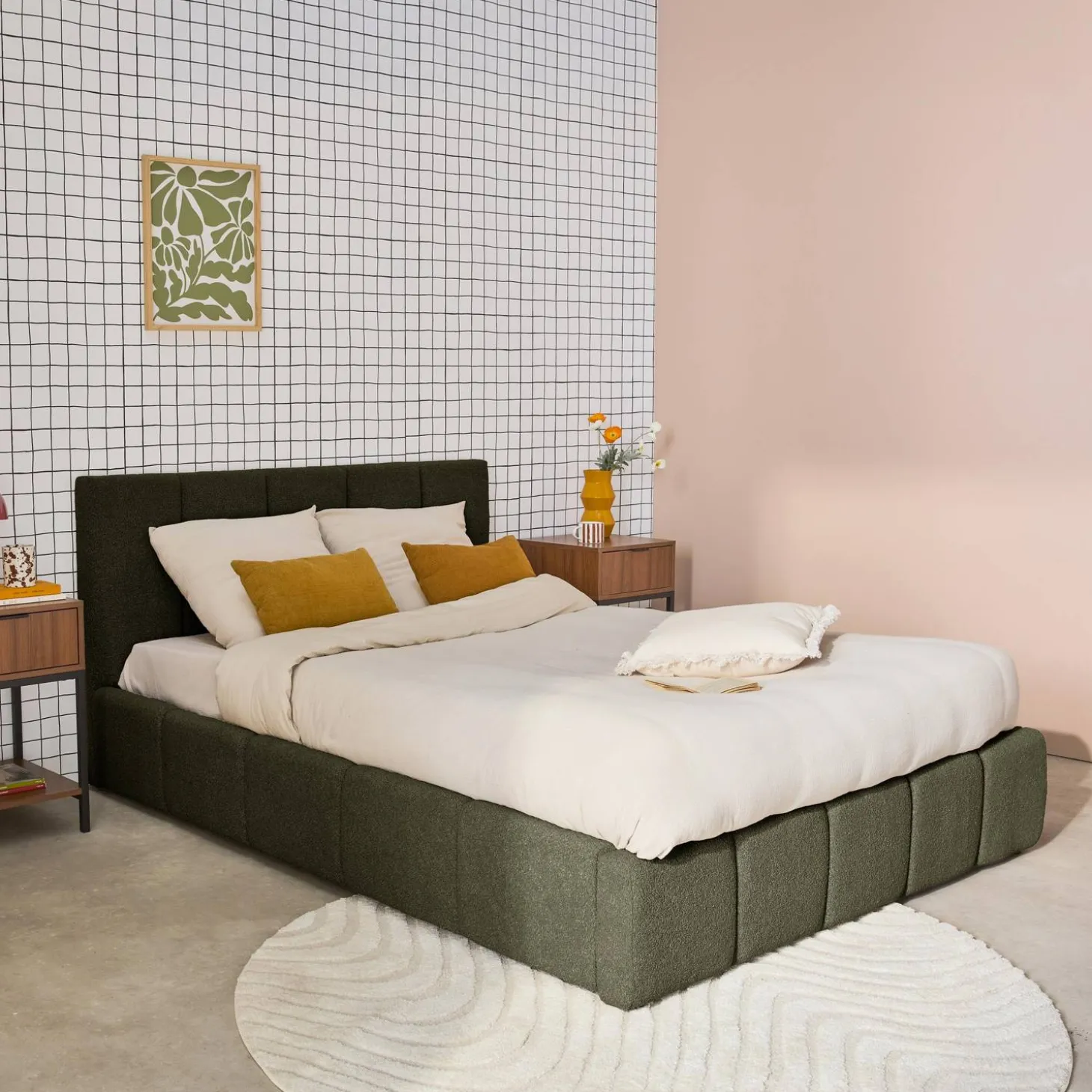 Tweepersoonsbed 160x200cm met opbergbox lattenbodem en hoofdbord in getextureerde bouclé