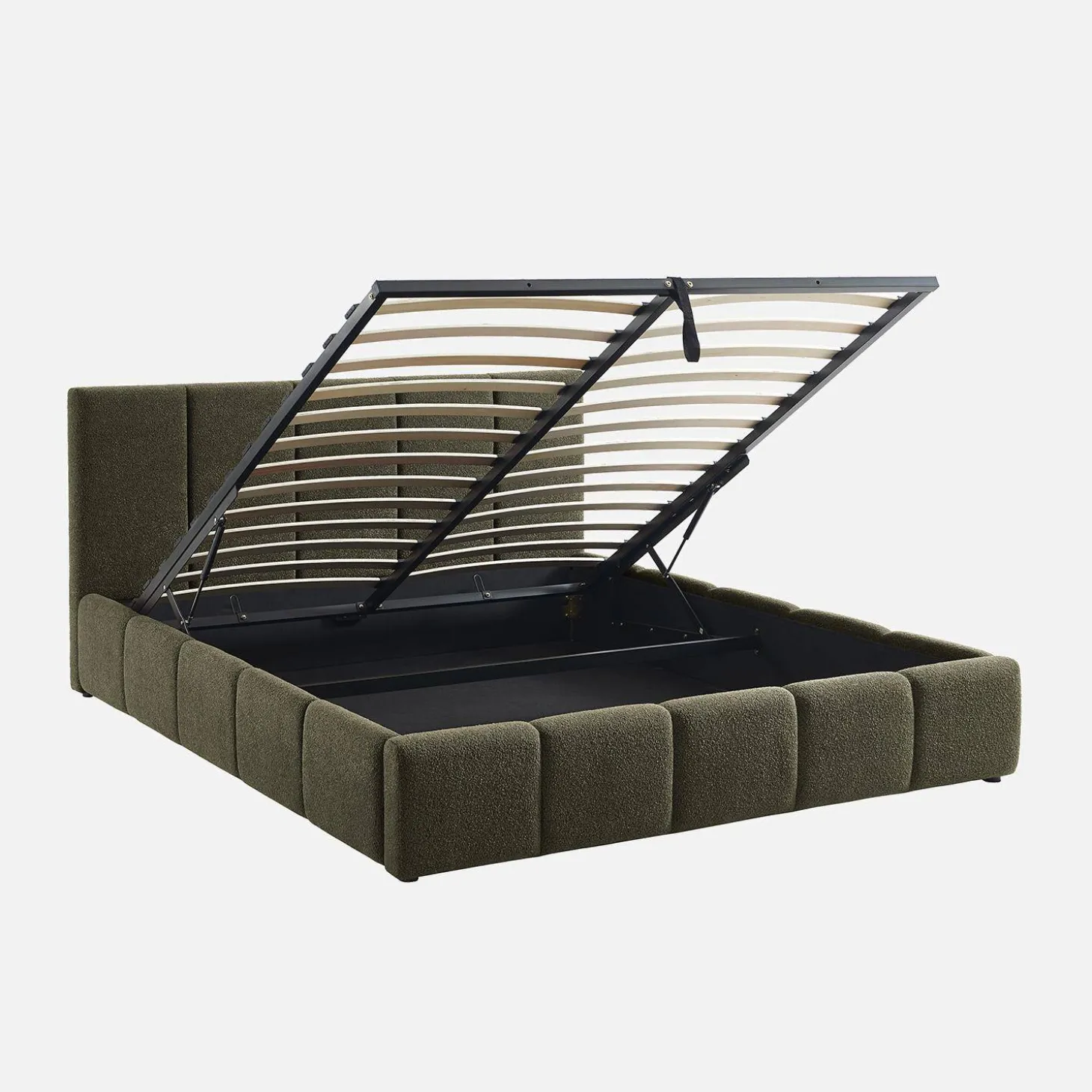 Tweepersoonsbed 160x200cm met opbergbox lattenbodem en hoofdbord in getextureerde bouclé