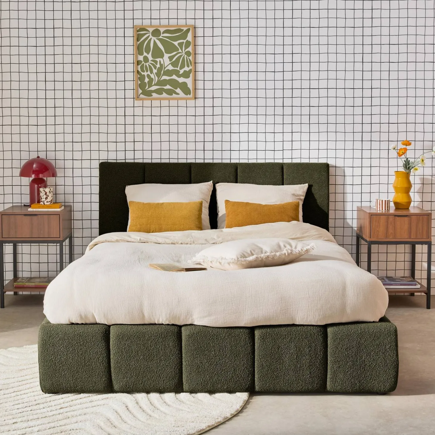 Tweepersoonsbed 160x200cm met opbergbox lattenbodem en hoofdbord in getextureerde bouclé