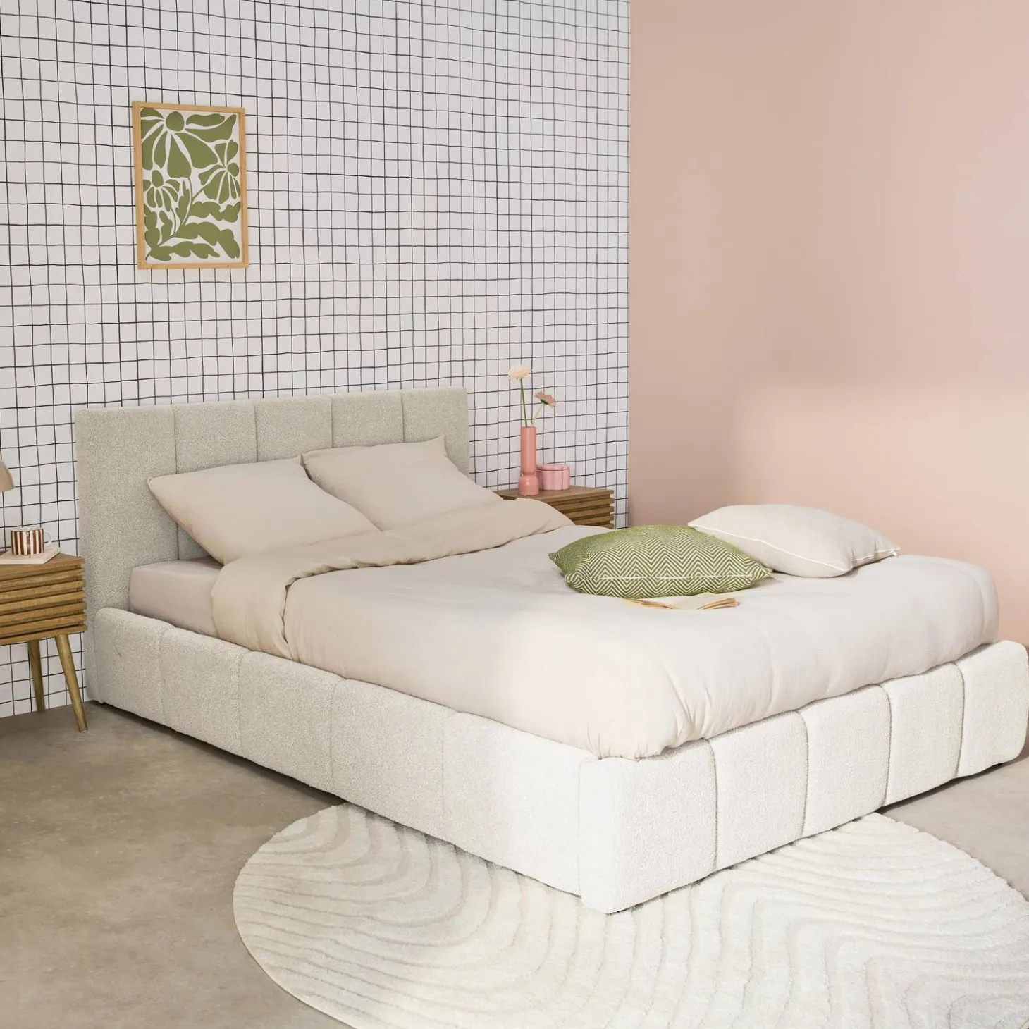 Tweepersoonsbed 160x200cm met opbergbox lattenbodem en hoofdbord in getextureerde bouclé