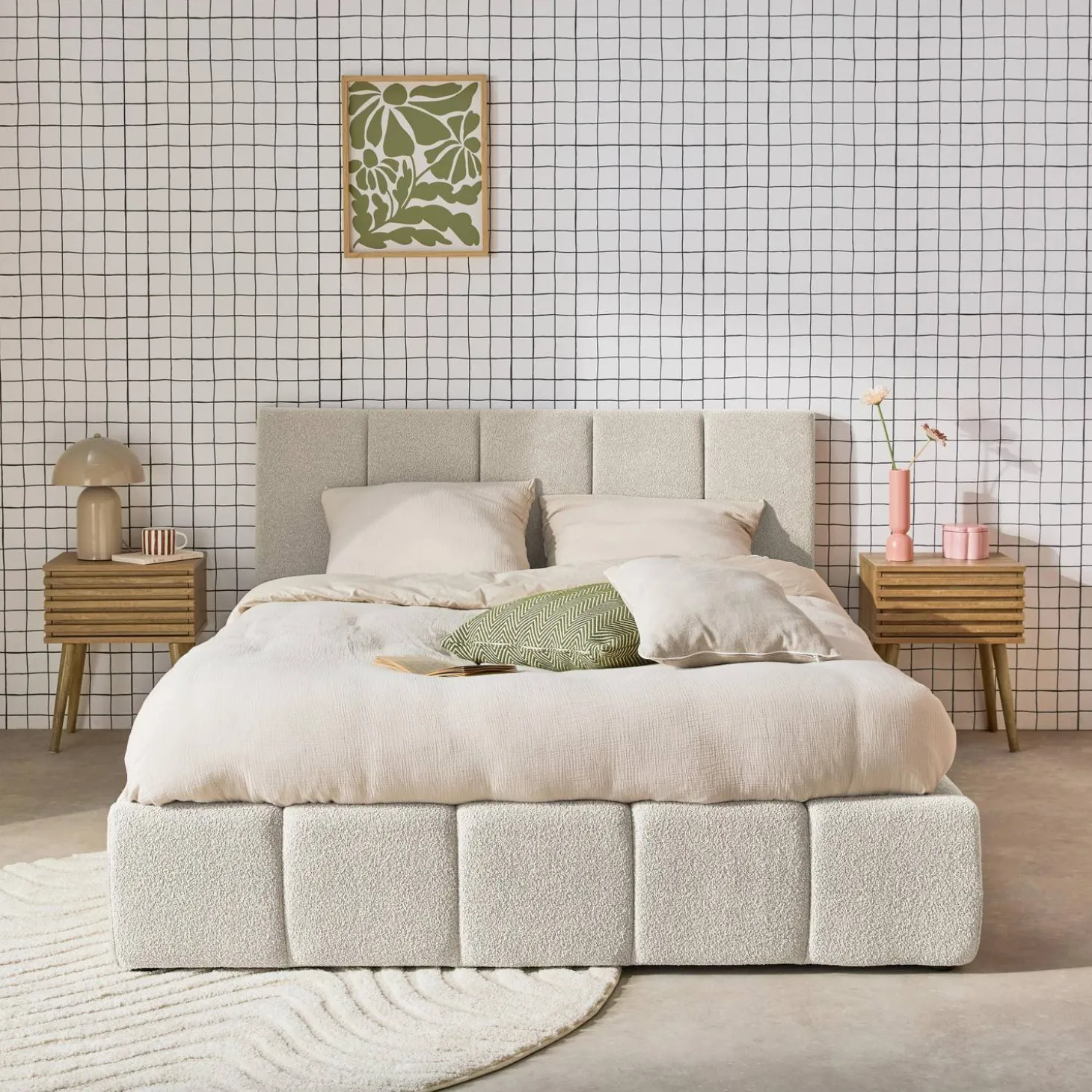 Tweepersoonsbed 160x200cm met opbergbox lattenbodem en hoofdbord in getextureerde bouclé