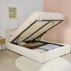 Tweepersoonsbed 160x200cm met opbergbox lattenbodem en hoofdbord in getextureerde bouclé