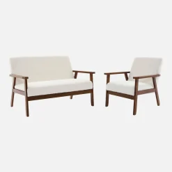 Tweezits bankje en fauteuil met walnootkleurig hout en bouclé zitting