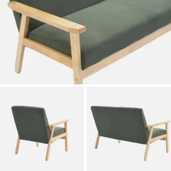 Tweezits bankje en fauteuil van hout met corduroy zitting