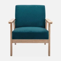 Tweezits bankje en fauteuil van hout met stoffen zitting