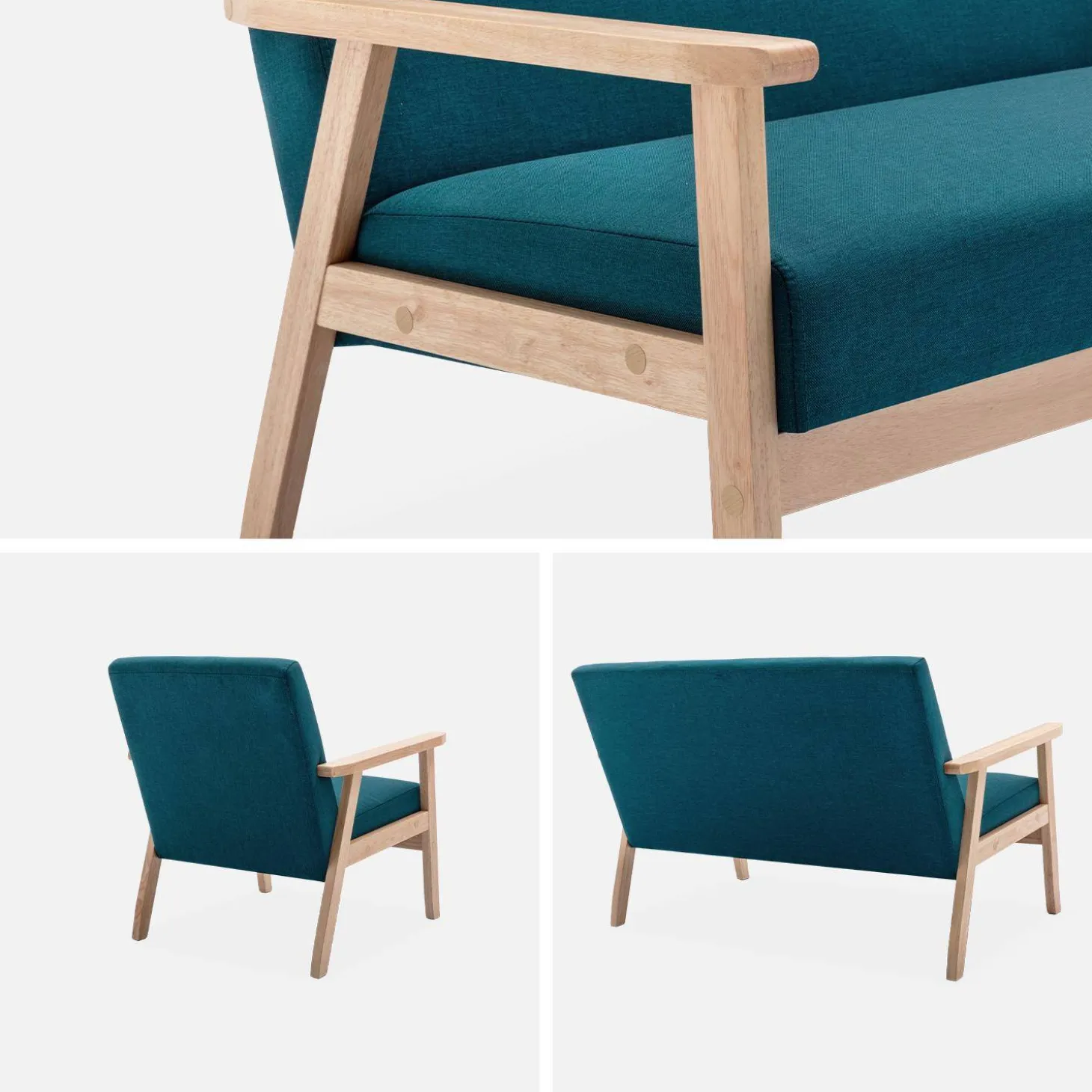 Tweezits bankje en fauteuil van hout met stoffen zitting