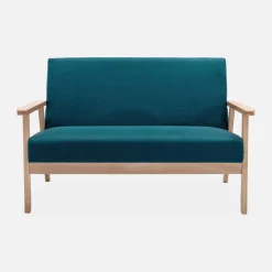 Tweezits bankje en fauteuil van hout met stoffen zitting