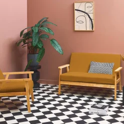 Tweezits bankje en fauteuil van hout met corduroy zitting