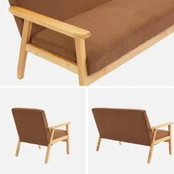Tweezits bankje en fauteuil van hout met corduroy zitting