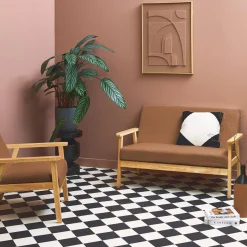 Tweezits bankje en fauteuil van hout met corduroy zitting