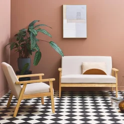Tweezits bankje en fauteuil van hout met corduroy zitting