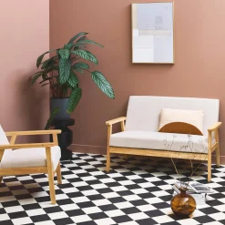 Tweezits bankje en fauteuil van hout met corduroy zitting