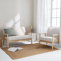 Tweezits bankje en fauteuil van hout met stoffen zitting