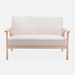 Tweezits bankje en fauteuil van hout met stoffen zitting