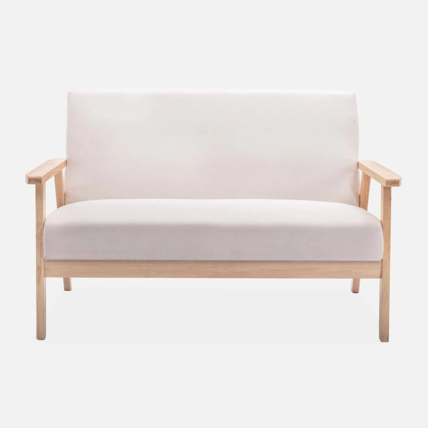 Tweezits bankje en fauteuil van hout met stoffen zitting