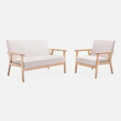 Tweezits bankje en fauteuil van hout met stoffen zitting