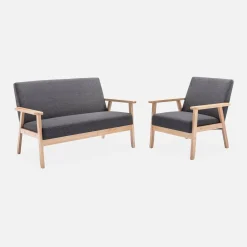 Tweezits bankje en fauteuil van hout met stoffen zitting