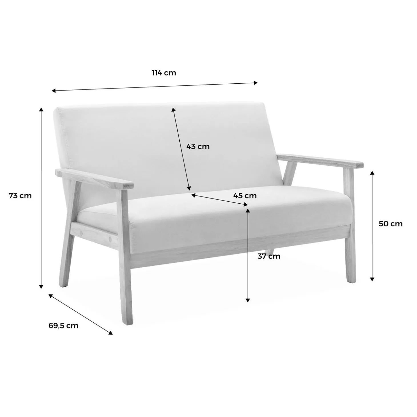 Tweezits bankje en fauteuil van hout met stoffen zitting