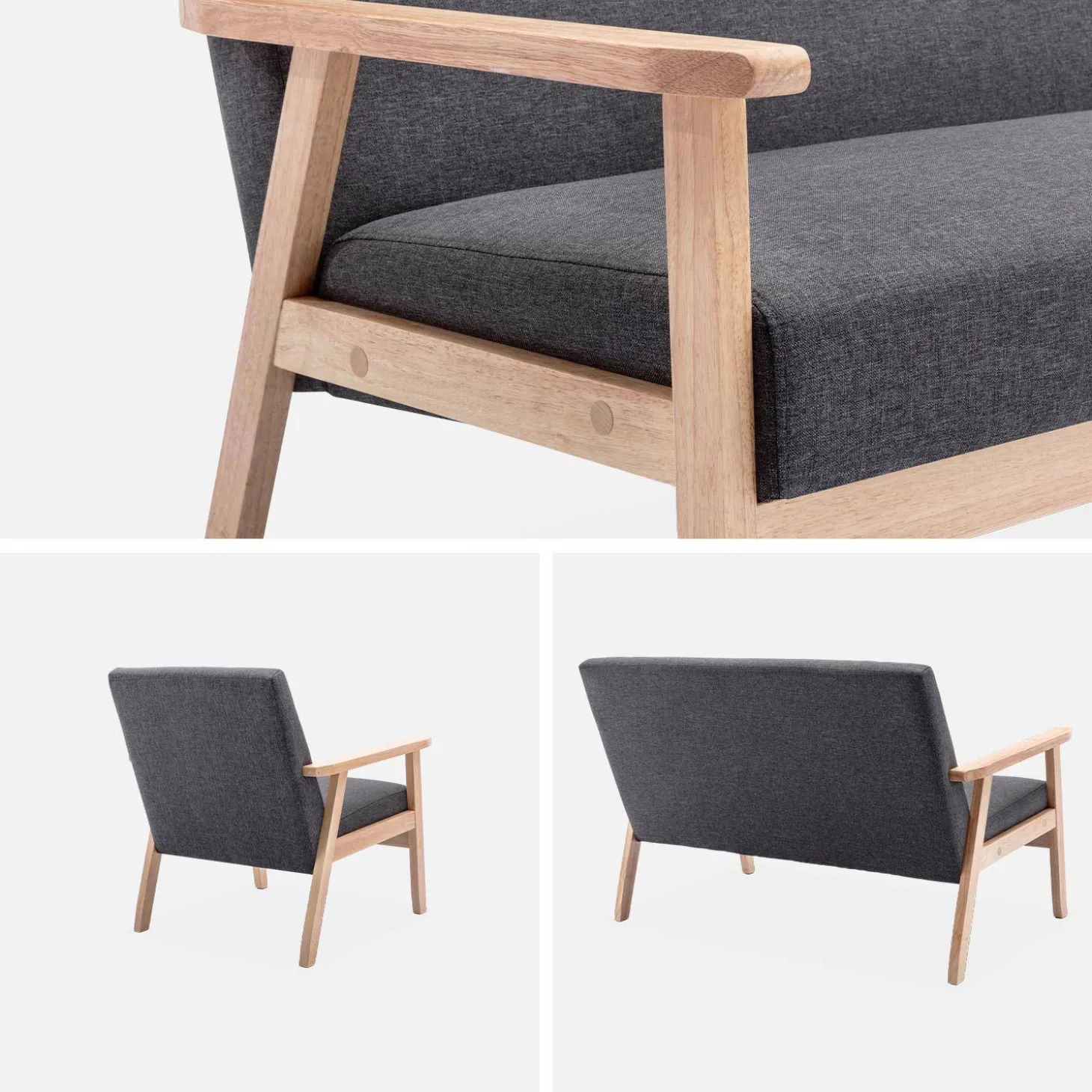 Tweezits bankje en fauteuil van hout met stoffen zitting