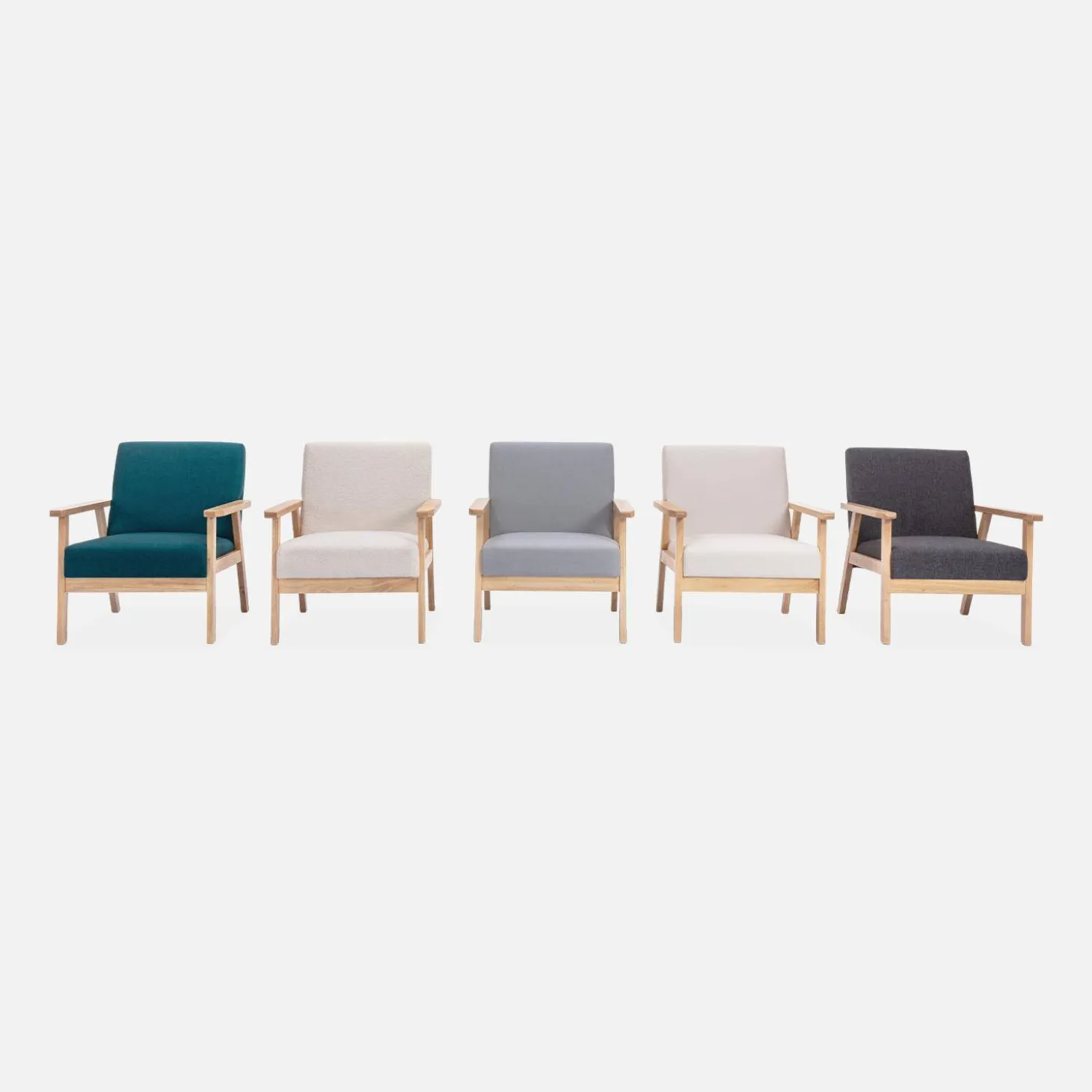Tweezits bankje en fauteuil van hout met stoffen zitting