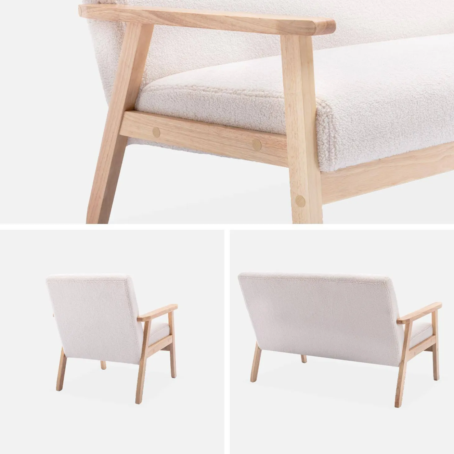 Tweezits bankje en fauteuil van hout met bouclé zitting