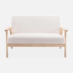 Tweezits bankje en fauteuil van hout met bouclé zitting