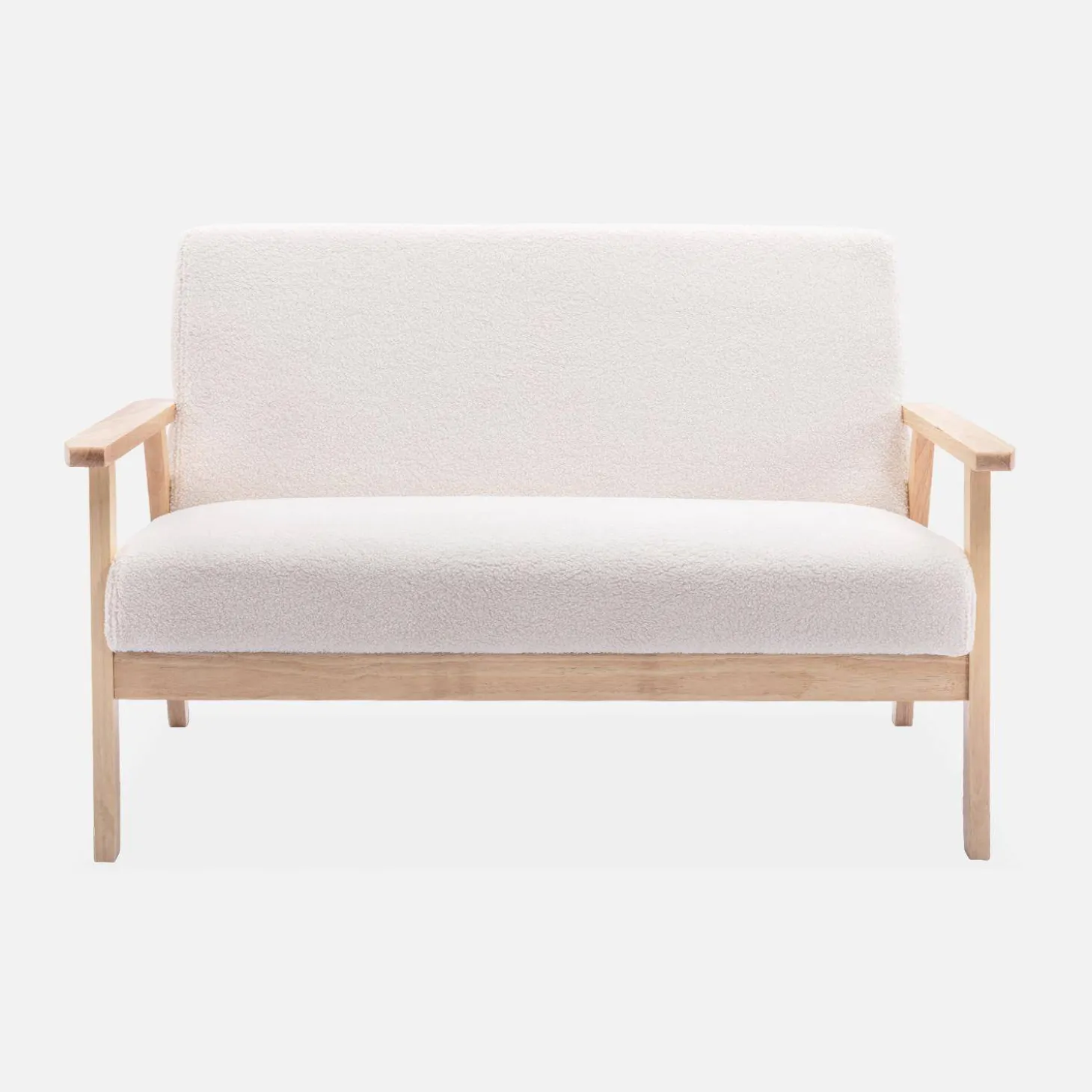 Tweezits bankje en fauteuil van hout met bouclé zitting