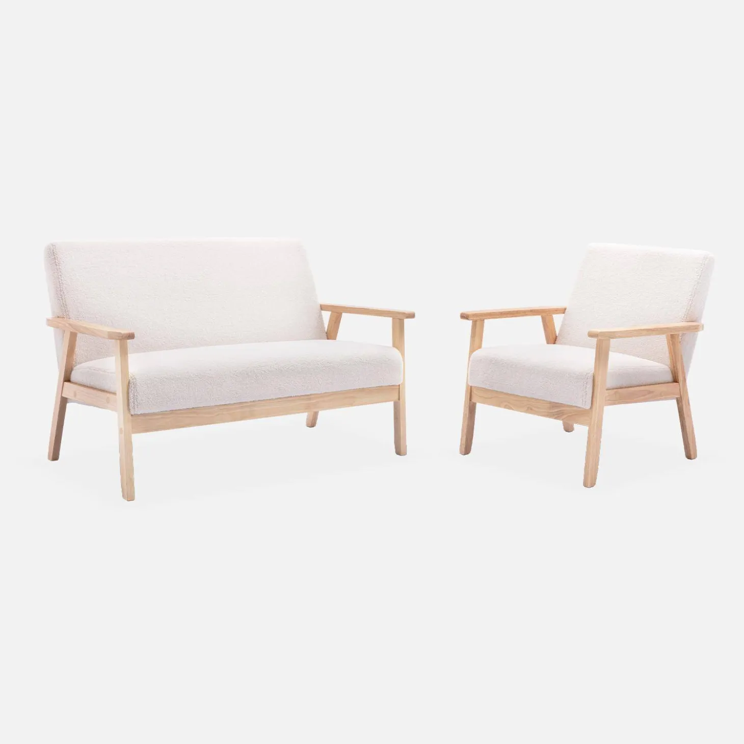 Tweezits bankje en fauteuil van hout met bouclé zitting