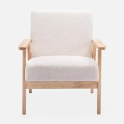 Tweezits bankje en fauteuil van hout met bouclé zitting