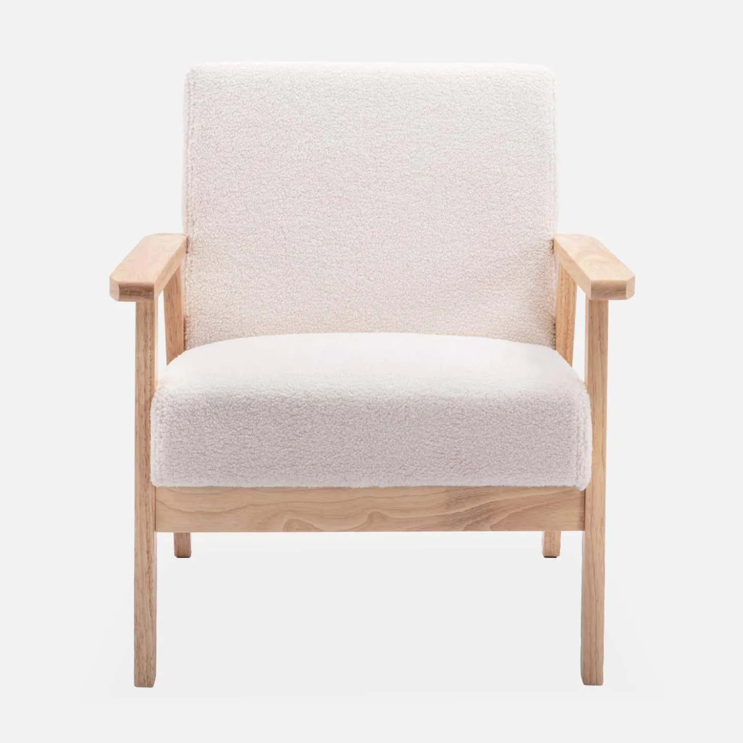 Tweezits bankje en fauteuil van hout met bouclé zitting