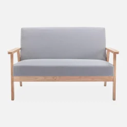 Tweezits bankje en fauteuil van hout met stoffen zitting