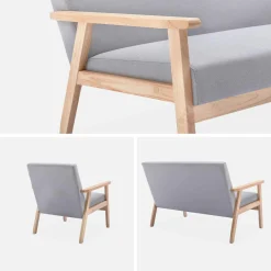 Tweezits bankje en fauteuil van hout met stoffen zitting