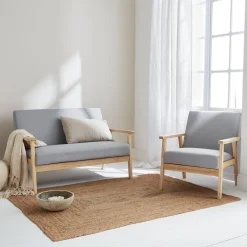 Tweezits bankje en fauteuil van hout met stoffen zitting