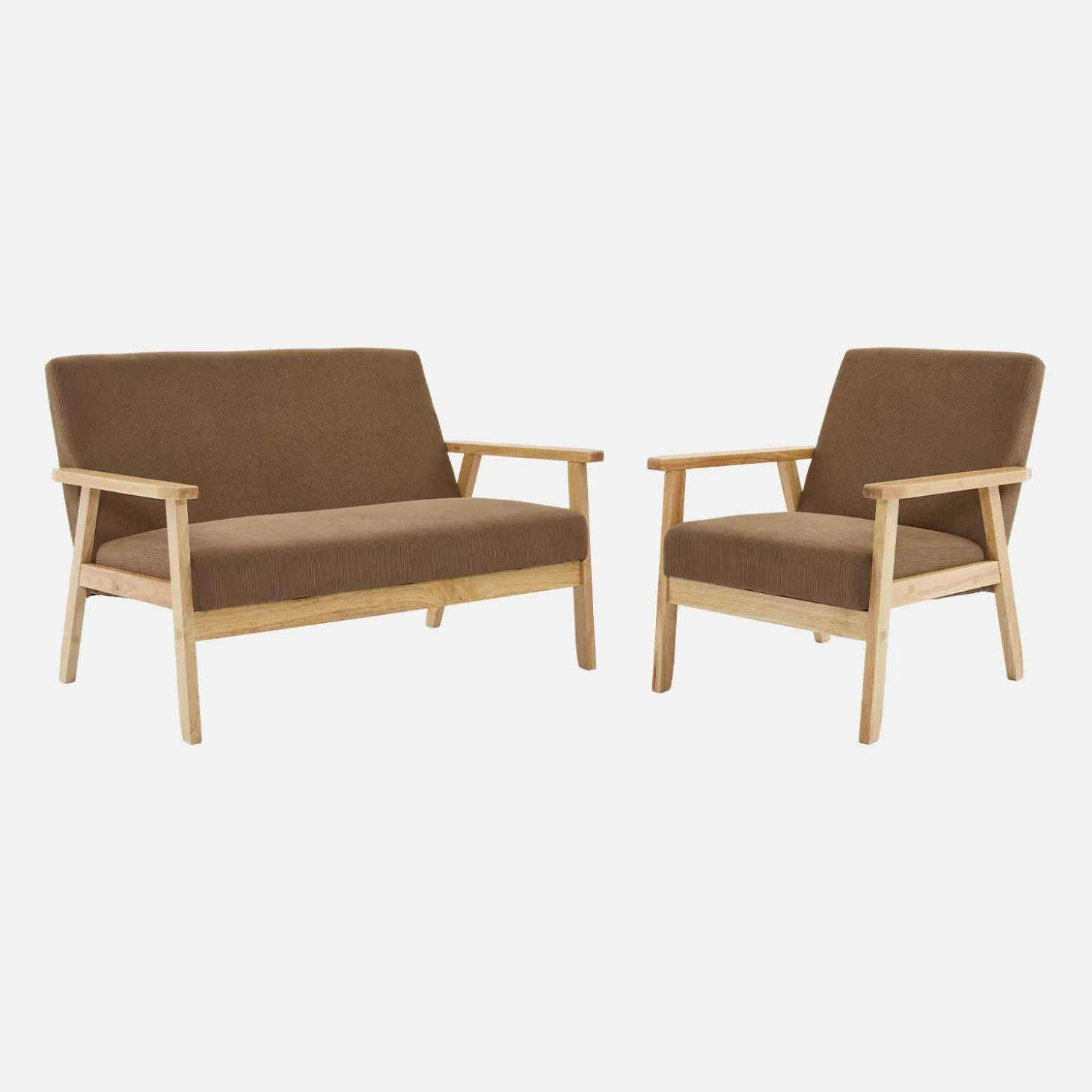 Tweezits bankje en fauteuil van hout met corduroy zitting