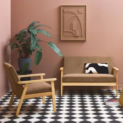 Tweezits bankje en fauteuil van hout met corduroy zitting