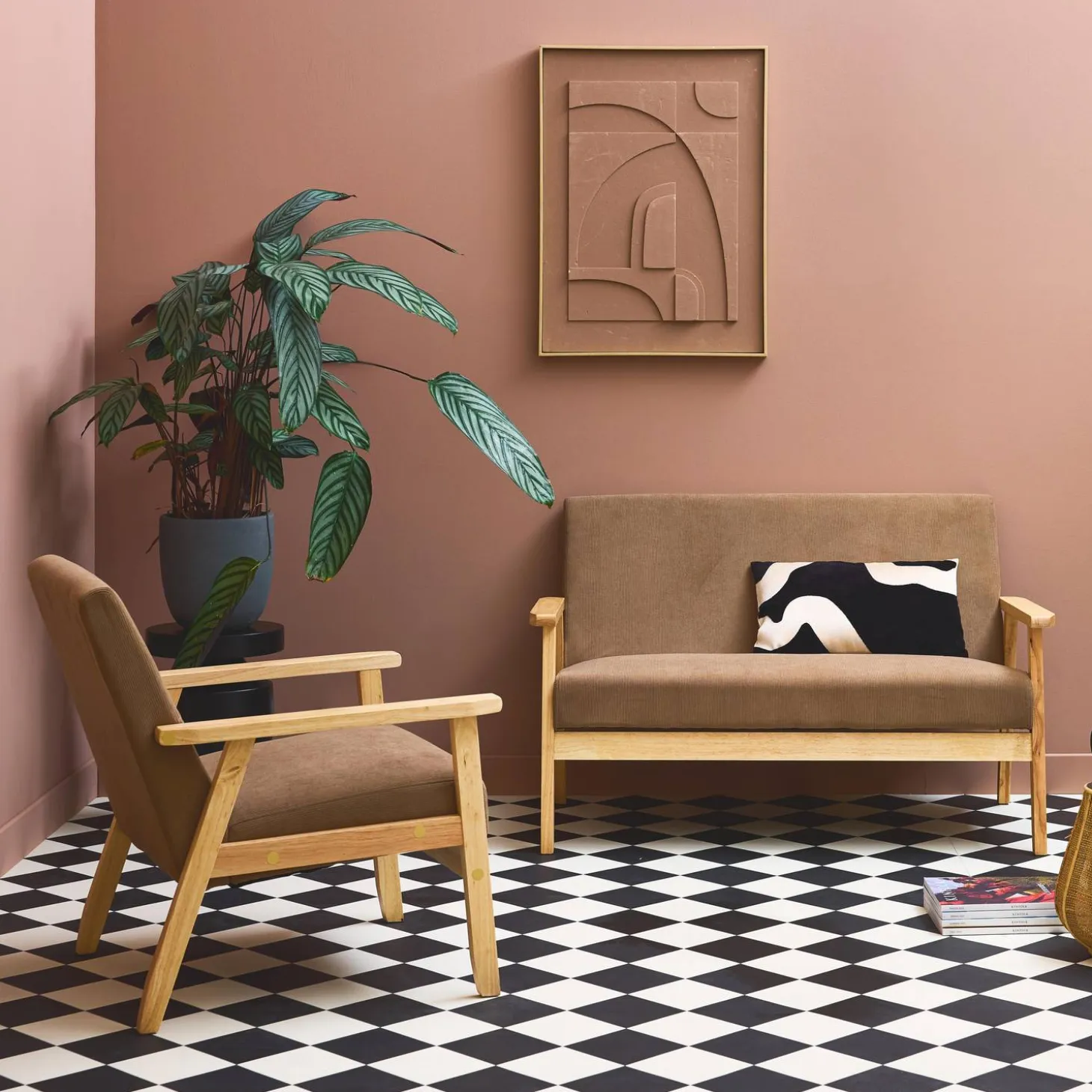 Tweezits bankje en fauteuil van hout met corduroy zitting