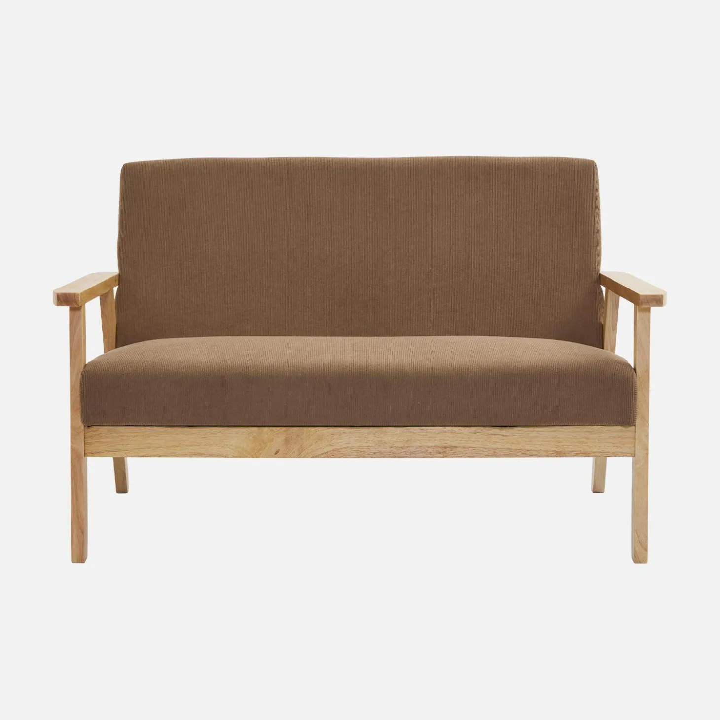 Tweezits bankje en fauteuil van hout met corduroy zitting